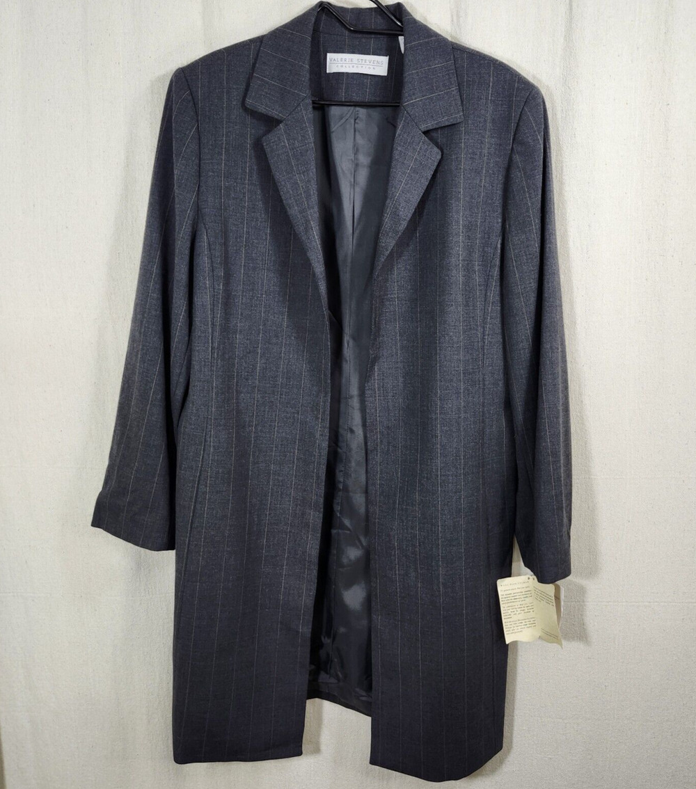 Valerie Stevens Collection Blazer Size 12 Wool Blend Charcoal Pinstriped Jacket
